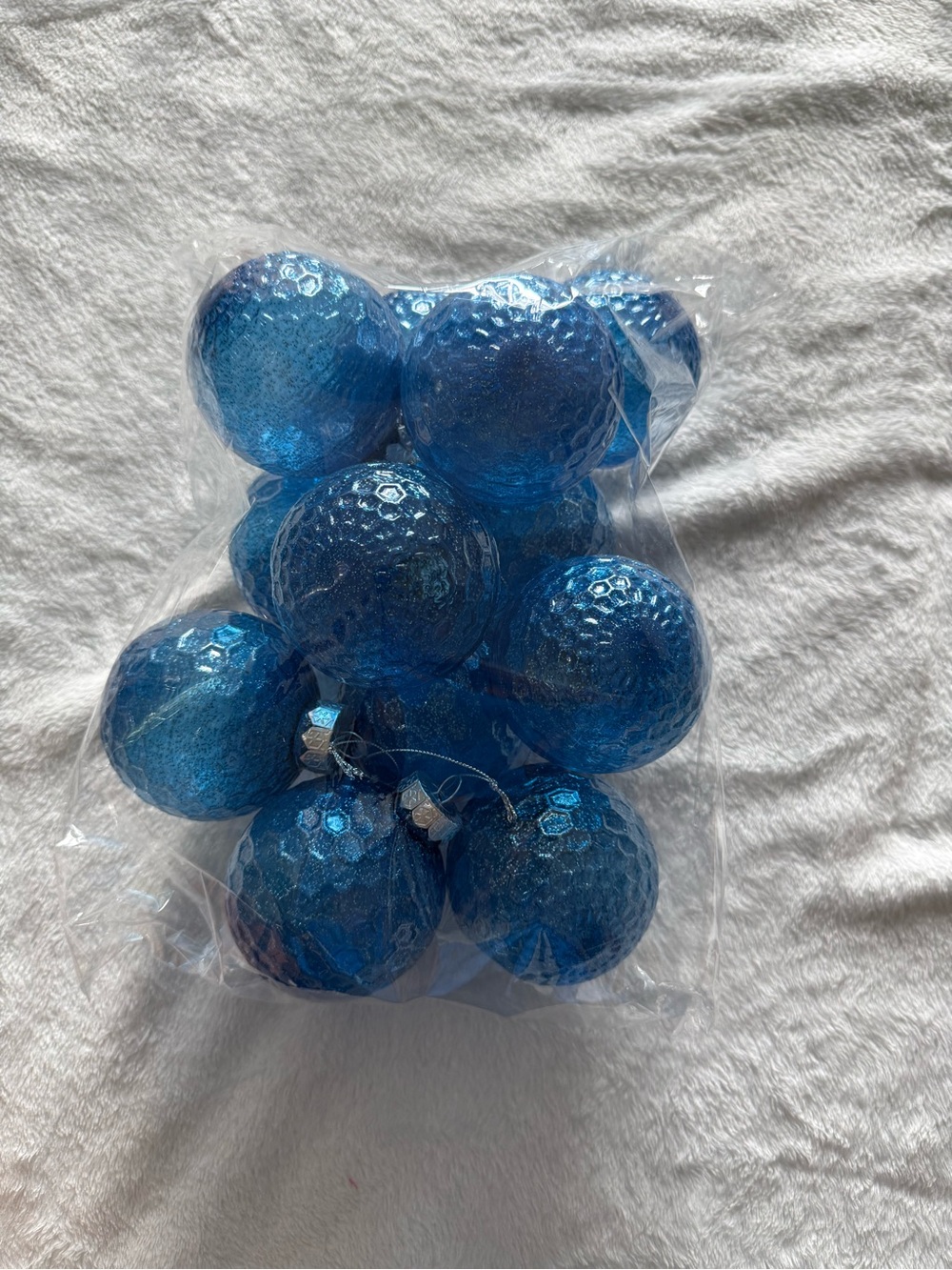 Set of Shiny Blue Textured Christmas Ornaments